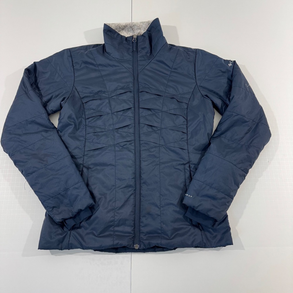 Columbia Omni-Heat Puffer Jacket Womens Medium Navy Blue Faux Fur Trim Insulated